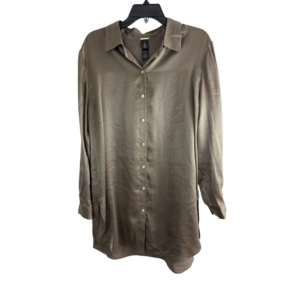 Chicos Black Label Womens Shirt Size 2=Large Cupro Brownish Long Sleeve Button